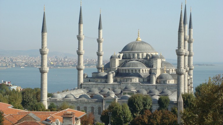 Blue Mosque in Istanbul, Sea of Marmara in background